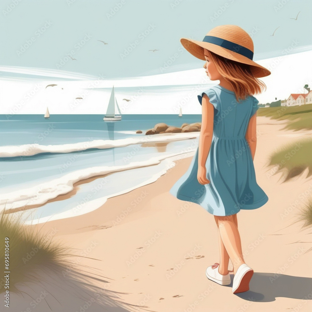 young girl with hat walks on the beach by the sea childrens book illustration style. ai generative