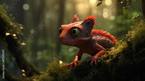 a beautiful, magically fabulous red lizard with big green eyes that is in the forest on the moss © MYKHAILO KUSHEI