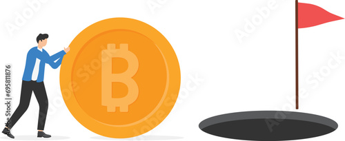 Entrepreneur investors push Bitcoin. Action towards business goals. Success is not far away. Flat vector illustration.

