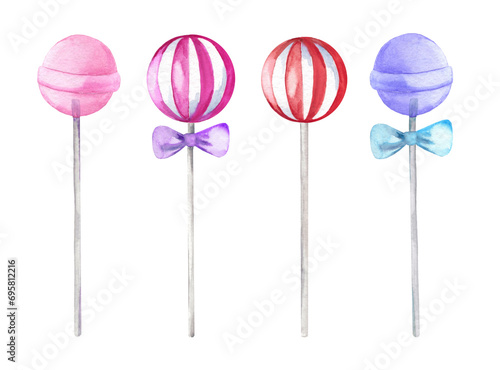 Watercolor illustration with bright candies and lollipops isolated on a white background. Collection of cozy hand drawn elements for menu and cards design
