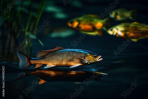 Fish swimming gracefully in a moonlit river, shimmering reflections on the water's surface, emphasizing the intricate scales and vibrant colors of the fish