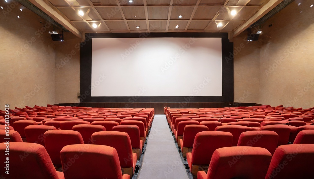 POV inside of Empty cinema with red chairs and white blank screen wall with dim light for mock up template