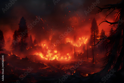 Burning forest at night. Fire and smoke in the forest