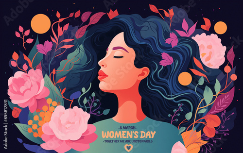 Women's Day March 8. Concept of female empowerment and commemorative art. Celebrating together and promoting gender equality, awareness and women's rights campaign.
