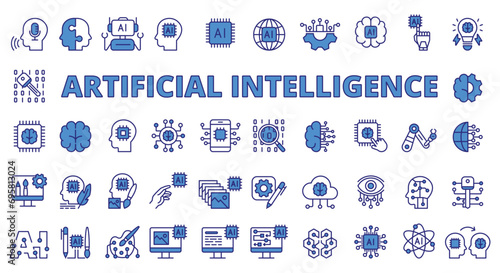 AI icons line design blue. Deep learning, artificial intelligence, intelligence, generative AI, artificial, drawing AI, neural network, chatbot vector illustrations. AI editable stroke icons.