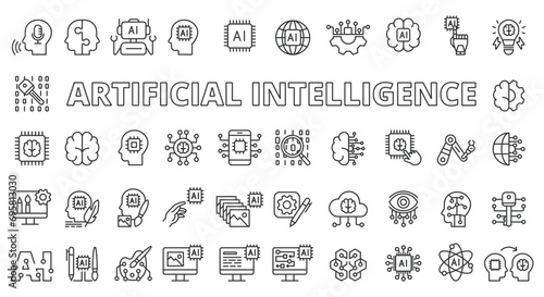 AI icons line design. Deep learning, artificial intelligence, intelligence, generative AI, artificial, drawing AI, neural network, chatbot vector illustrations. AI editable stroke icons.