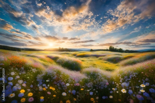 A serene meadow filled with a kaleidoscope of wildflowers beneath a vast, open sky painted with fluffy clouds. © WOW