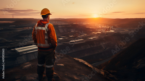 Industrial worker in hardhat and reflective vest standing on the top of the mountain at sunset