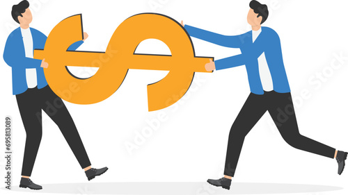 Fight for money, tug of war, business competition fight for market share or work conflict concept, greedy businessmen company owner or worker pulling tug of war money dollar sign with full effort.

