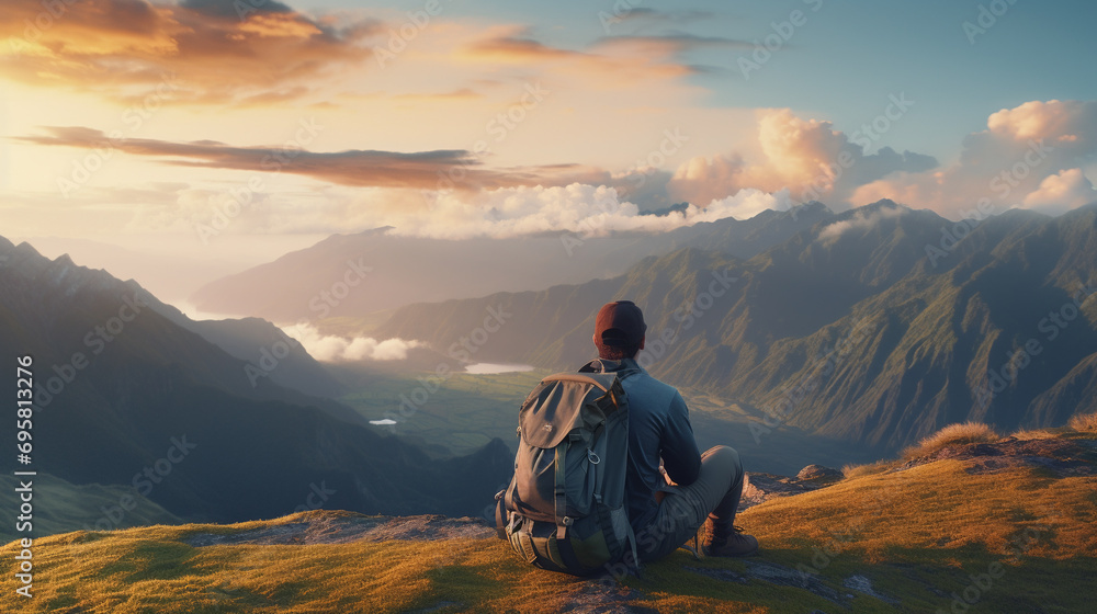 a man with a big backpack sits high on the hill and admires the incredible view of the mountains and the beautiful sky with clouds
