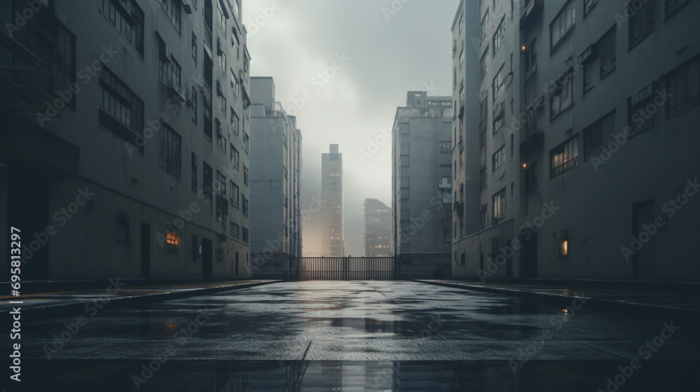 gray minimalist cityscape of empty wet street and simple concrete houses - obrazy, fototapety, plakaty 