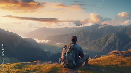 a man with a big backpack sits high on the hill and admires the incredible view of the mountains and the beautiful sky with clouds