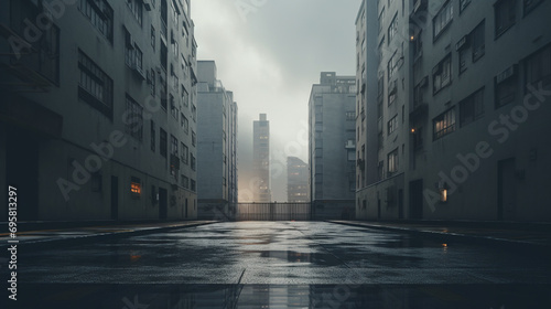 gray minimalist cityscape of empty wet street and simple concrete houses © MYKHAILO KUSHEI