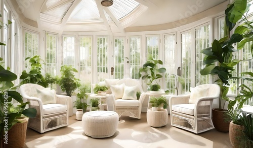 A bright and airy sunroom furnished with white wicker chairs, cream-colored cushions, and verdant plants for a tranquil indoor garden vibe.