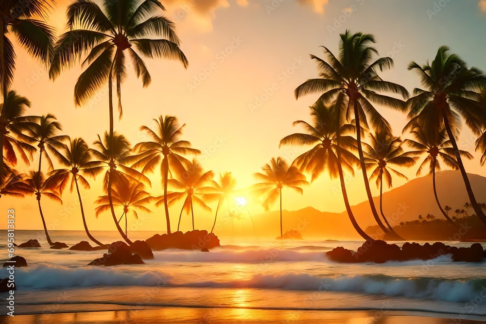 Golden sun rays streaming through the leaves of coconut palms on a serene beach in the Hawaii Islands, creating a warm and magical ambiance