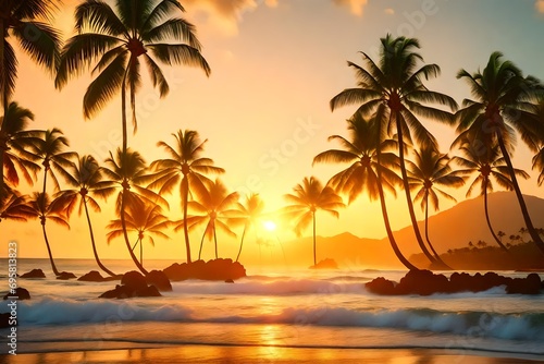 Golden sun rays streaming through the leaves of coconut palms on a serene beach in the Hawaii Islands  creating a warm and magical ambiance