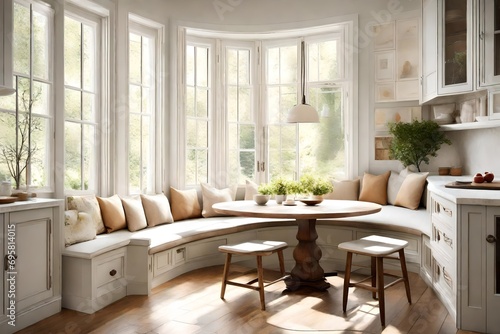 A kitchen with a breakfast nook bathed in natural light, featuring a cozy bench and a round table.