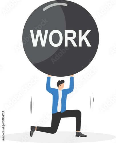 Work responsibility, pressure or problem, debt burden or difficulty challenge, struggle, or overworked, effort or punishment concept, tired businessman carry heavy weight rock boulder in atlas pose.

