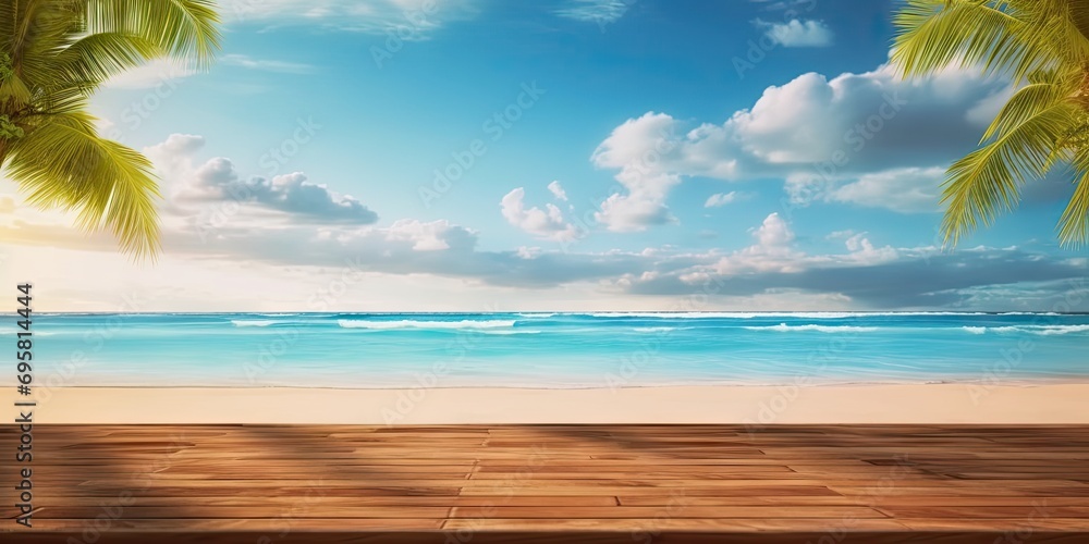 Seaside serenity. Tranquil scene captures essence of perfect summer day by beach. Weathered wooden table sits beneath clear blue sky inviting relaxation and enjoyment