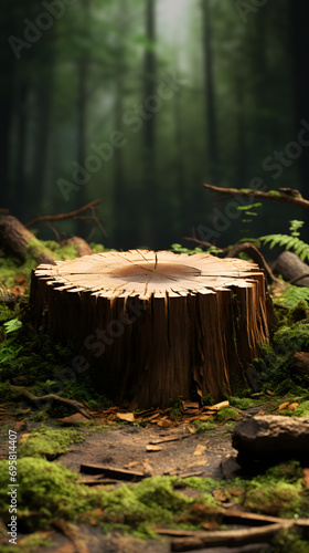 Stump in the forest with moss and tree trunks in the background