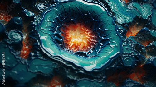 dried top film of glossy blue and yellow paint in the form of a mini crater, abstract background