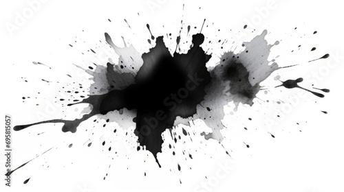 Black ink splash on white background. Ink Splatter. Splash and drops of black liquid.
