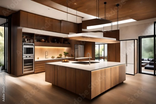 Modern kitchen with a sleek island, hidden storage, and pendant lights casting a warm glow