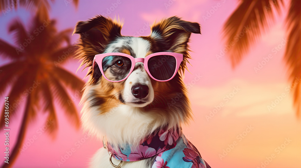 Dog In A Hawaiian Shirt And Lei Ready For A Luau Pastel Light Purple And Light Crimson Background