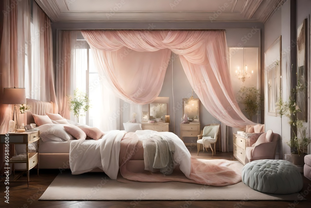 A dreamy bedroom with sheer canopy curtains, a plush upholstered headboard, and soft pastel hues creating a romantic ambiance.