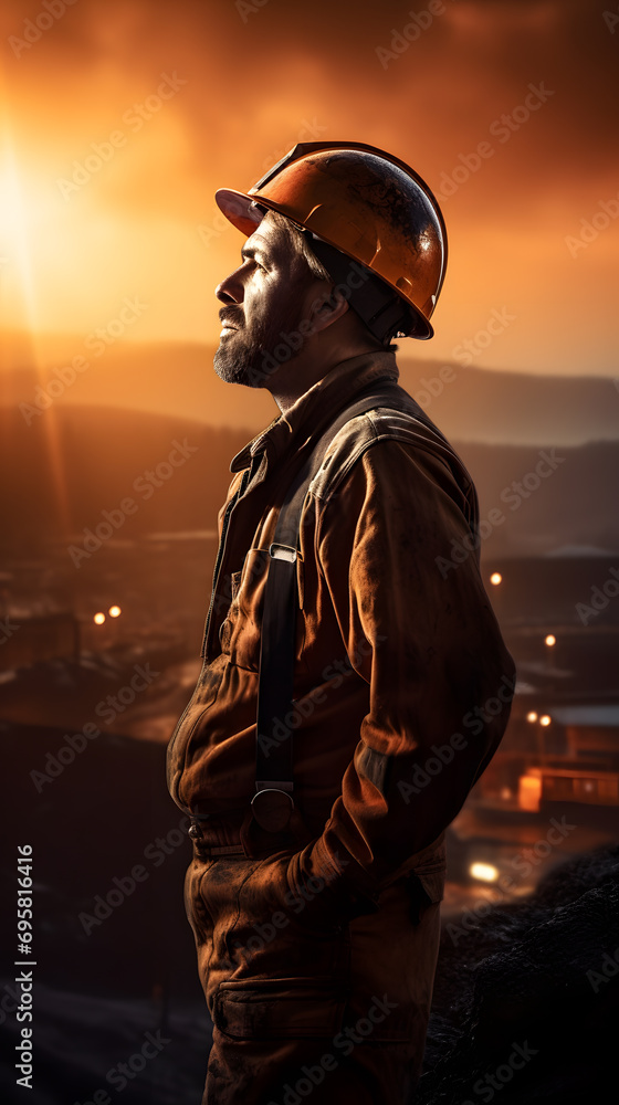 Portrait of a worker with orange helmet on sunset background