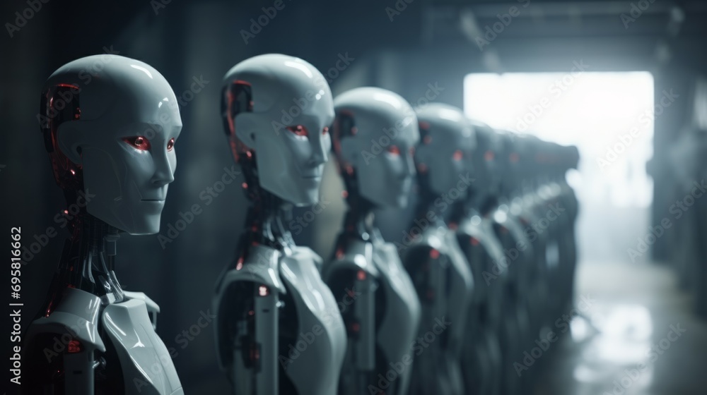 Robot production plant. Robots of the future stand in a row in a warehouse. dark photo