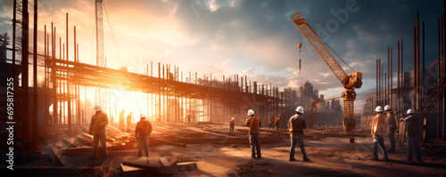 Construction workers in vest and helmet standing construction site, cityscape with sunset in the background. Progress. Heavy machinery. The process of construction. Ultra wide banner. Copy space photo