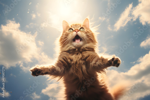 Cute ginger cat jumping on sky background. Fluffy cat