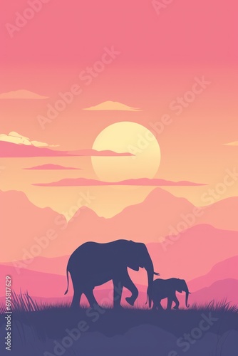 Animated Elephant and Landscape Background with Empty Copy Space for Text - Elephant and Landscape Backdrop - Flat Vector Elephant Graphic Illustration Wallpaper created with Generative AI Technology © Sentoriak