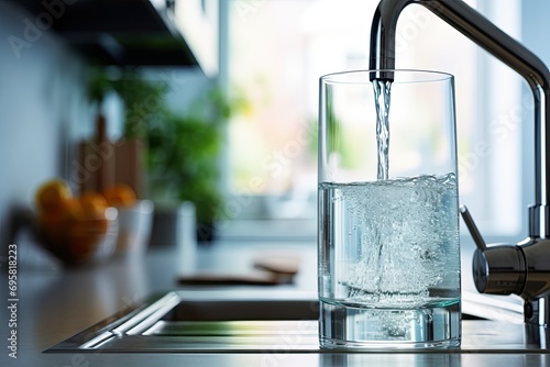 Pouring pure, clean water from a kitchen tap into a glass with refreshing bubbles. photo