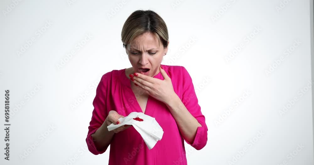 Vidéo Stock Woman with cough with blood and chest pain. Causes of hemoptysis tuberculosis lung