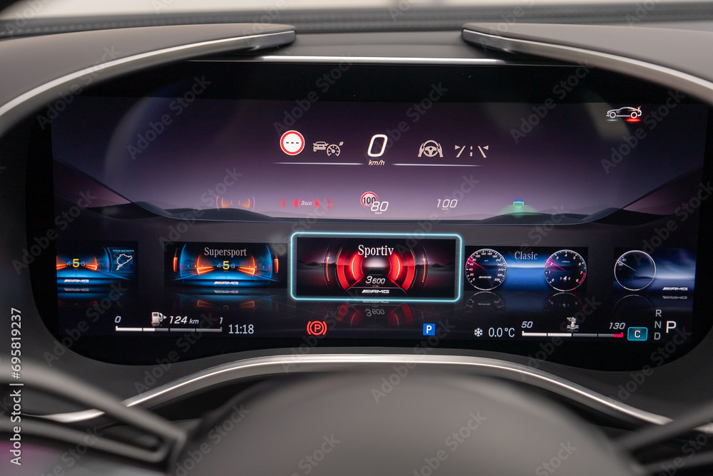 a car dashboard with a digital display