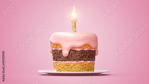 Birthday cake with creme and burning candle. Sweet dessert for birthday party celebration. 3D illustration. photo
