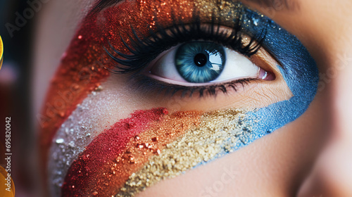 Carnival colourful bright makeup, close up of women face. Masquerade makeup idea. Generative AI
