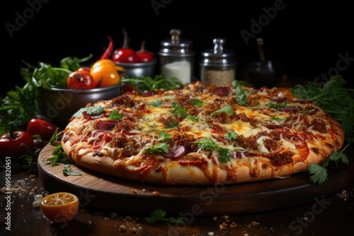 pizza with toppings on a wooden board on a black table, in the style of hdr, focus on jointsconnections