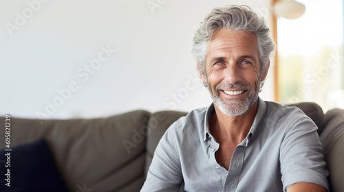 copy space, stockphoto, middle aged man sitting on sofa at home, single mature senior in living room. Happy man sitting. Carefree lifestyle. Aged man in good health.