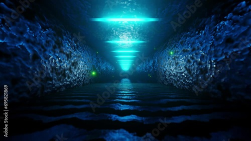 Tunnel with bright blue squares and light at the end of it. Loop animation. photo