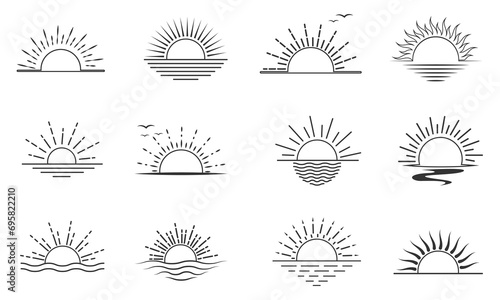 Sunburst line vector set. Sun icon set with stroke line. Outline Sunset icon. Sunrise  icon set.  Sunshine vector collection, summer, sunlight,  vector illustration.