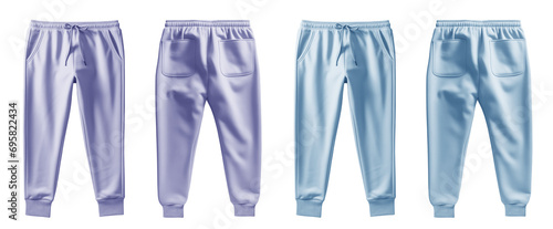 2 Set of pastel light blue purple violet, front back view sweatpants jogger sports trousers bottom pants on transparent background, PNG file. Mockup template for artwork design

 photo