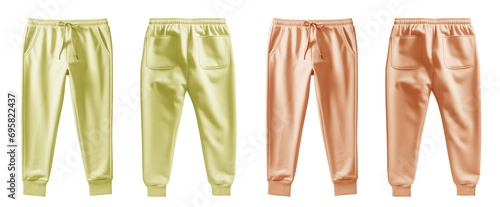 2 Set of pastel light yellow orange, front back view sweatpants jogger sports trousers bottom pants on transparent background, PNG file. Mockup template for artwork design

 photo