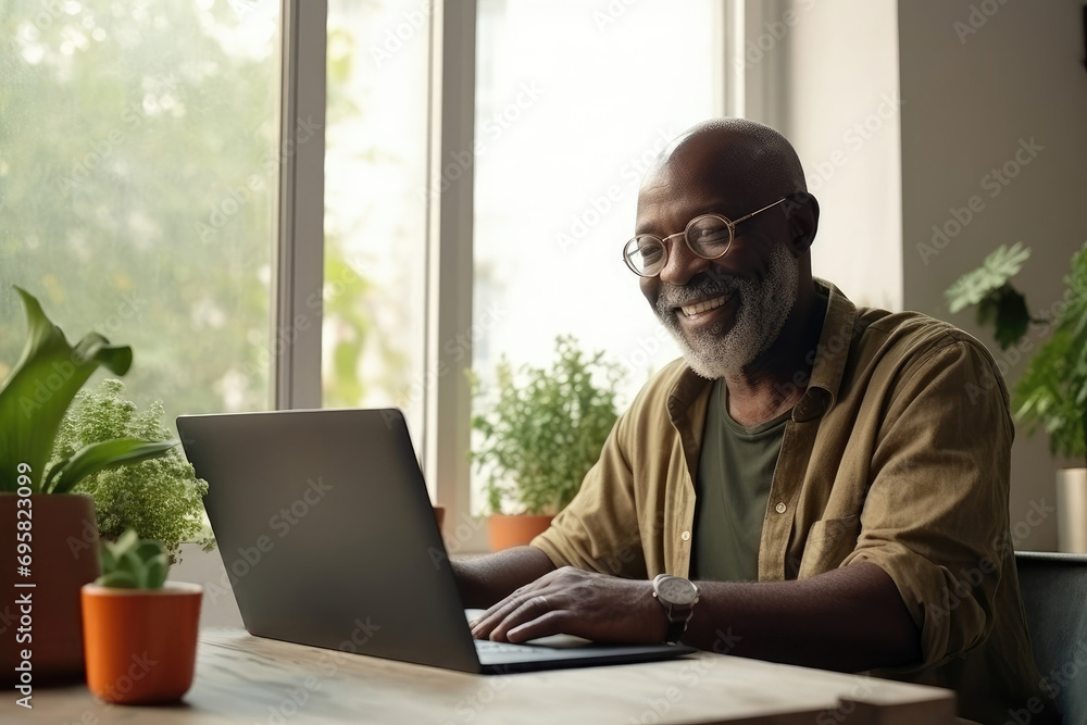 smiling elderly black man working on a laptop at a table in a modern apartment smiling elderly black man working on a laptop at a table in a modern apartment