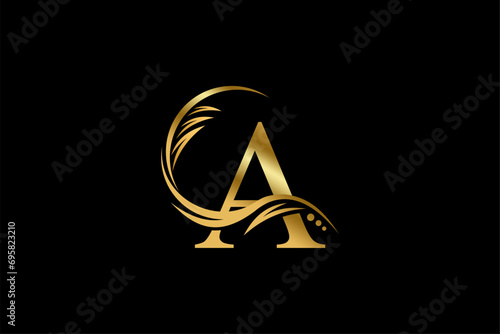 Gold letter A logo design with beautiful leaf, flower and feather ornaments. initial letter A. monogram A flourish. suitable for logos for boutiques, businesses, companies, beauty, offices, spas, etc
