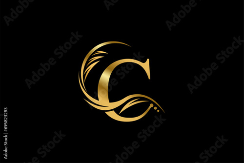 Gold letter C logo design with beautiful leaf, flower and feather ornaments. initial letter C. monogram C flourish. suitable for logos for boutiques, businesses, companies, beauty, offices, spas, etc