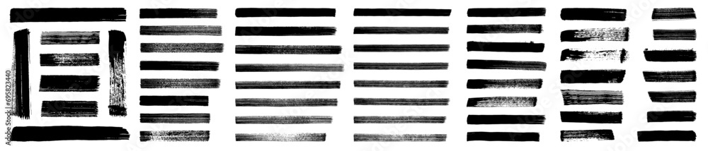 Straight line vector brush strokes. Black hand drawn stripes, smears. Chinese or Japanese calligraphy brushstrokes set. Rough grunge thick paint line texture. Vector sketch rectangle text boxes - obrazy, fototapety, plakaty 