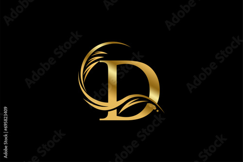 Gold letter D logo design with beautiful leaf, flower and feather ornaments. initial letter D. monogram D flourish. suitable for logos for boutiques, businesses, companies, beauty, offices, spas, etc